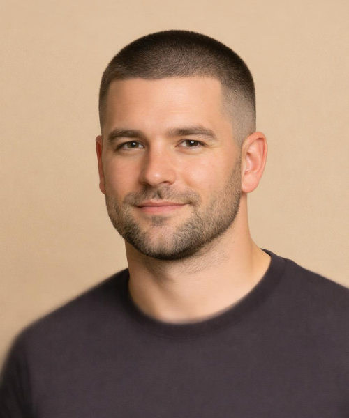 Low Taper Buzz Cut for a Softer Look