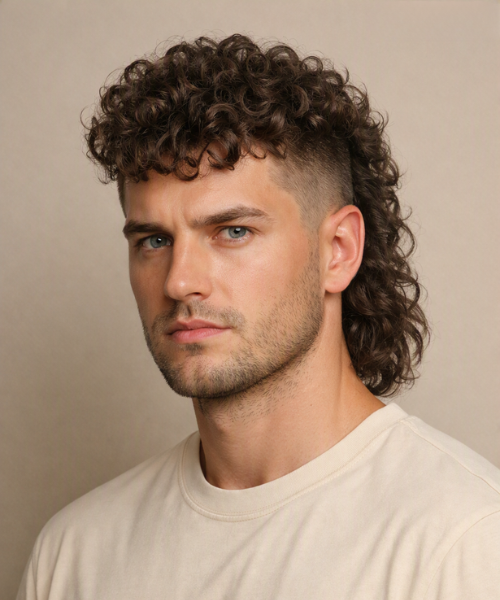 Curly Taper Fade Mullet Style